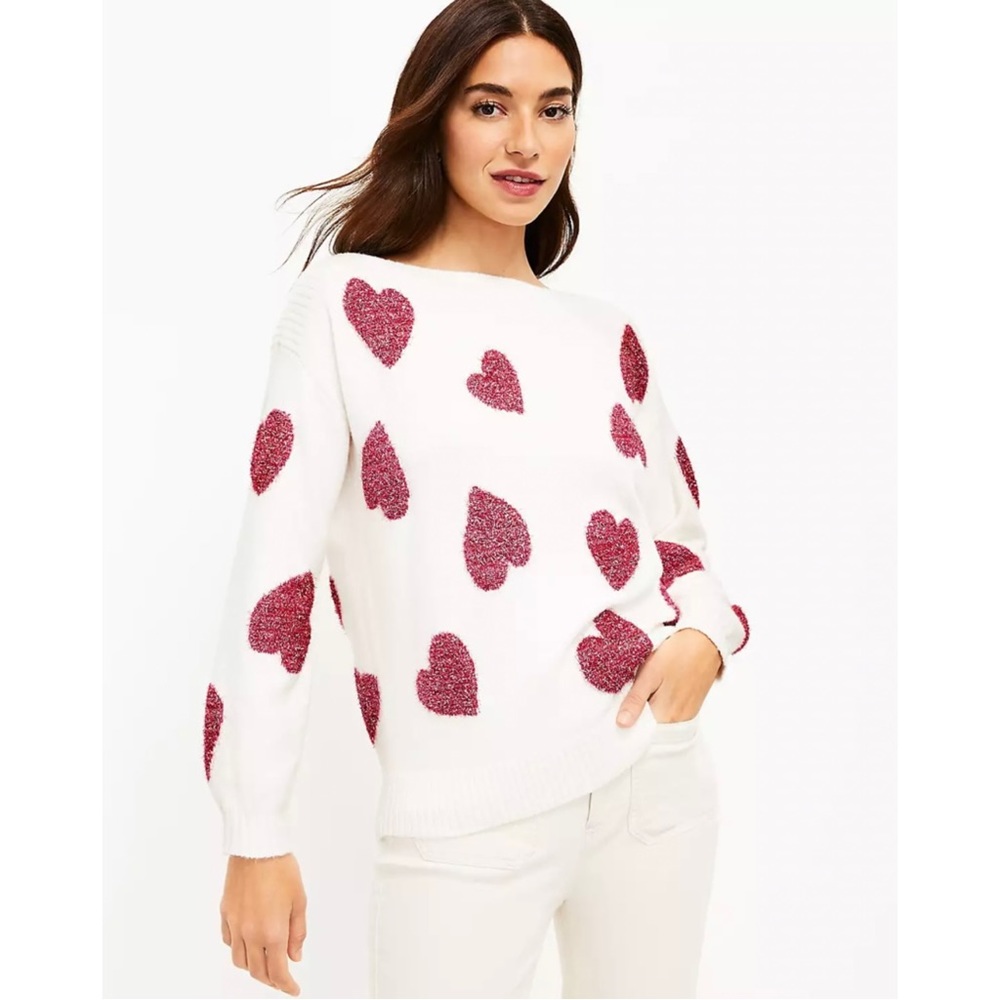 NWT Shimmer Heart Boatneck Sweater White & Pink Size XS - Picture 1 of 6